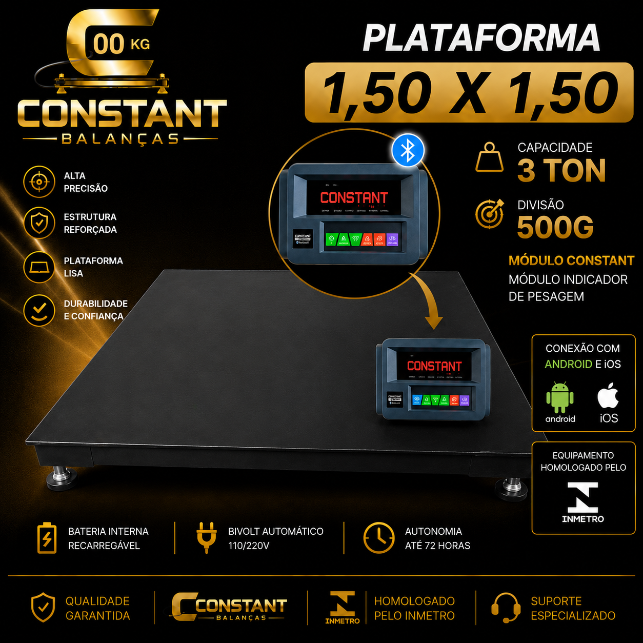 Plataforma 1,50×1,50  3000KG x 500g MODU/BLUETOOTH